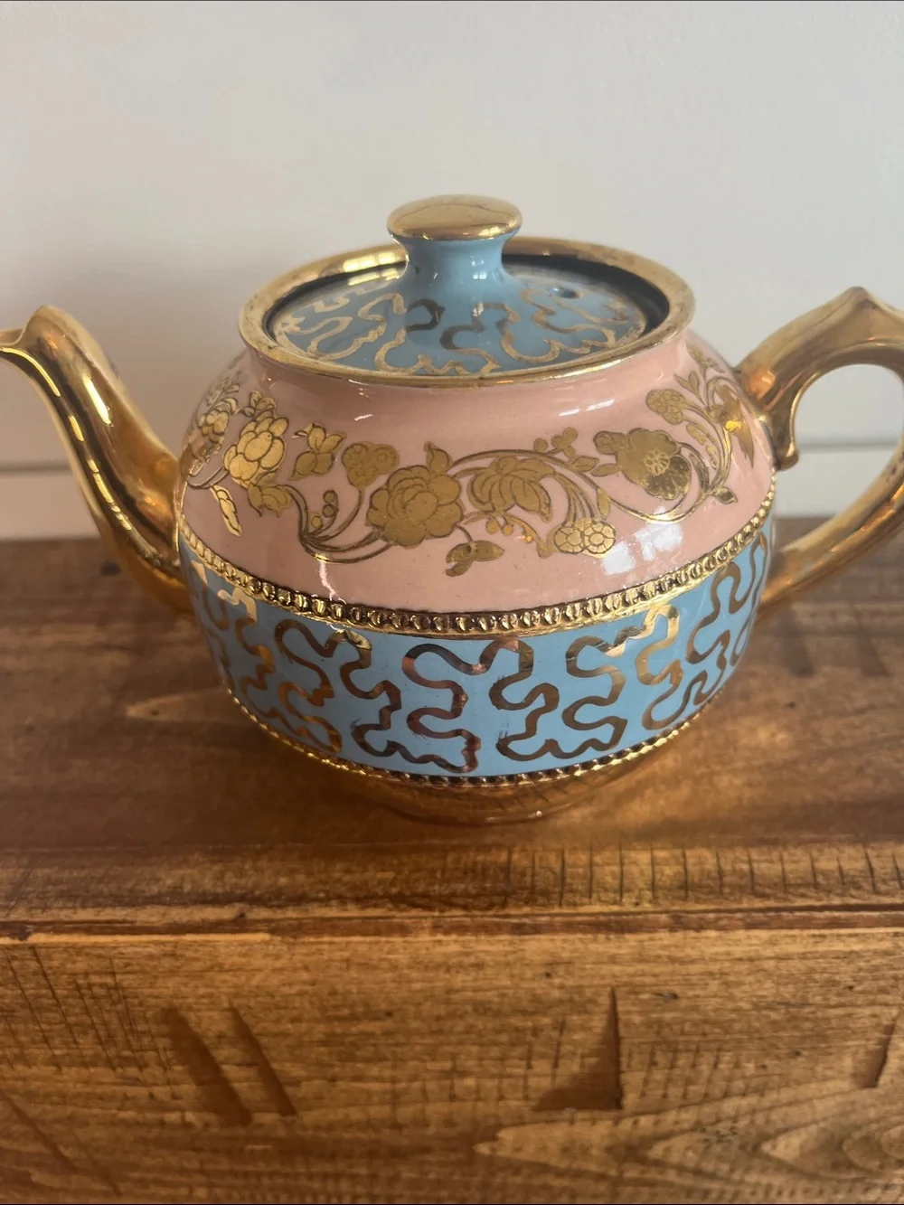 James Sadler Vintage Pink and Blue Ceramic Teapot with Gold Trim